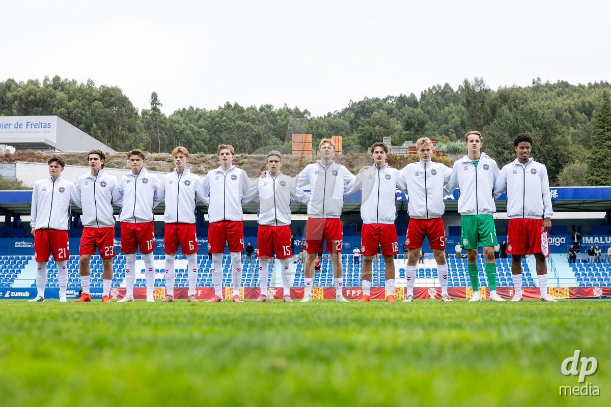 VIZELA, PORTUGAL - SEPTEMBER 30: (L-R) Adam Fuglsang of Denmark U19, Julius Lucena of Denmark U19, Nicolas Gammelgaard of Denmark U19, Max Jensen of Denmark U19, Mikel Kupijbida of Denmark U19, Philip Keller of Denmark U19, Magnus Rasmussen of Denmark U19, Tjalfe Svendsen of Denmark U19, William Moller of Denmark U19, Malik Pimpong of Denmark U19 during the International Friendly match between Denmark U19 and Austria U19 at Estadio FC Vizela on September 30, 2026 in Vizela, Portugal