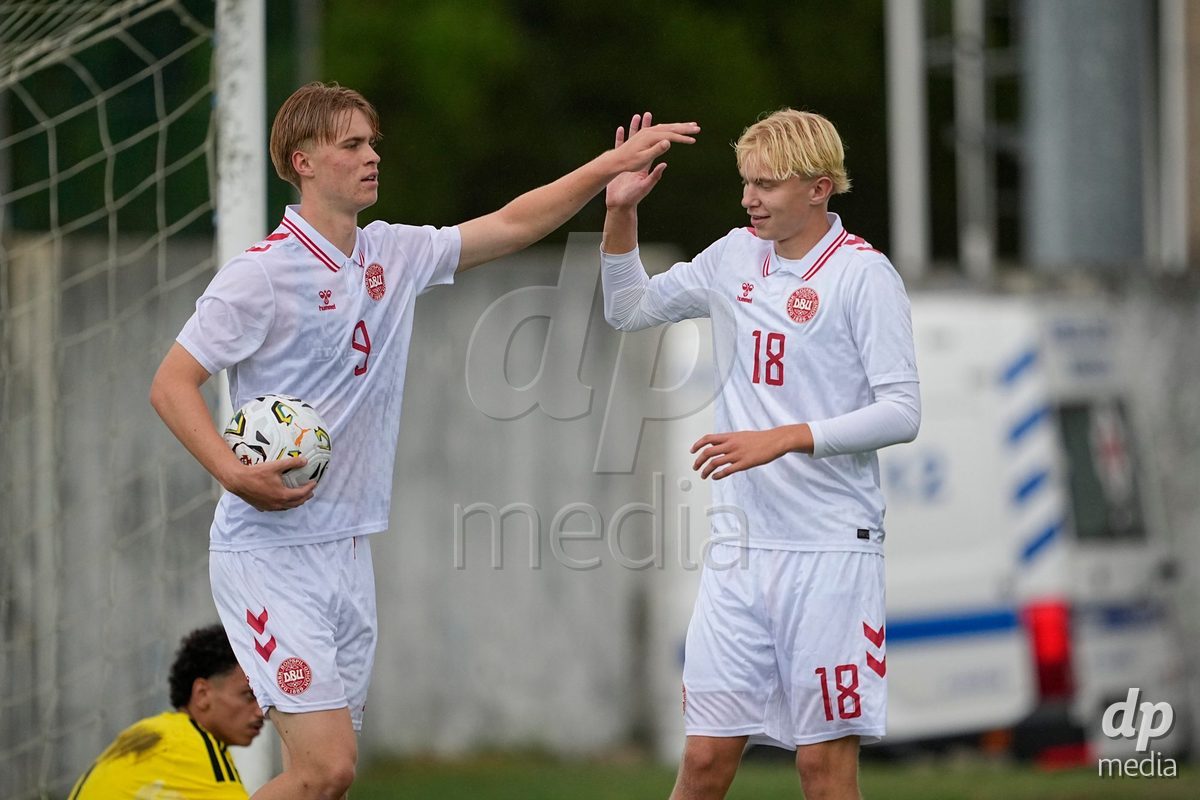 MEALHADA, PORTUGAL - SEPTEMBER 30: Tristan Thomsen of Denmark and Jeppe Scheler of Denmark celebrates a goal during the International Friendly match between Denmark U17 and Qatar U17 at Estadio Municipal Dr. Americo Couto on September 30, 2026 in Mealhada, Portugal.
