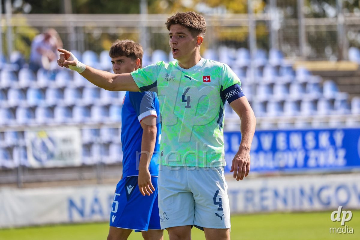 SENEC, SLOVAKIA - OCTOBER 1: Erblin Sadikaj 4 of Switzerland to controls International Friendly football match between Slovakia U19 and Switzerland U19 at NTC Senec on October on 1st October 2026 in Senec, Slovakia.
