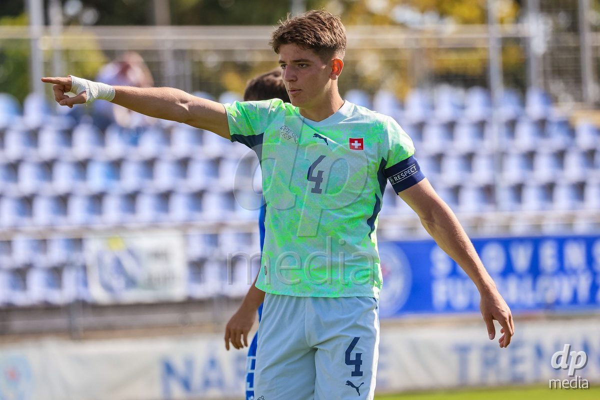 SENEC, SLOVAKIA - OCTOBER 1: Erblin Sadikaj 4 of Switzerland to controls International Friendly football match between Slovakia U19 and Switzerland U19 at NTC Senec on October on 1st October 2026 in Senec, Slovakia.