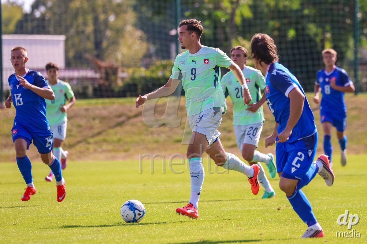 SENEC, SLOVAKIA - OCTOBER 1: Ilija Despotovic 9 of Switzerland controls the ball during International Friendly football match between Slovakia U19 and Switzerland U19 at NTC Senec on October on 1st October 2026 in Senec, Slovakia.