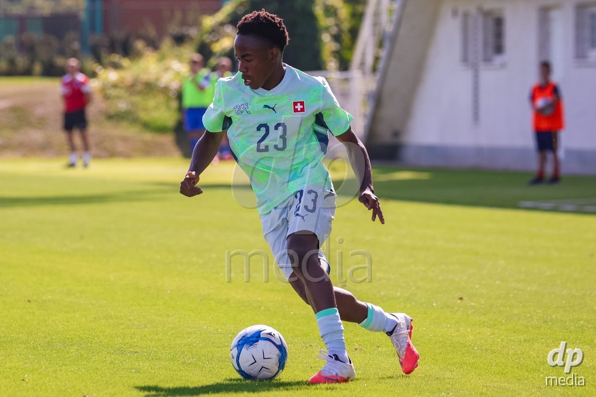 SENEC, SLOVAKIA - OCTOBER 1: Yannis Beaiah Jayden Odin 23 of Switzerland controls the ball during International Friendly football match between Slovakia U19 and Switzerland U19 at NTC Senec on October on 1st October 2026 in Senec, Slovakia.