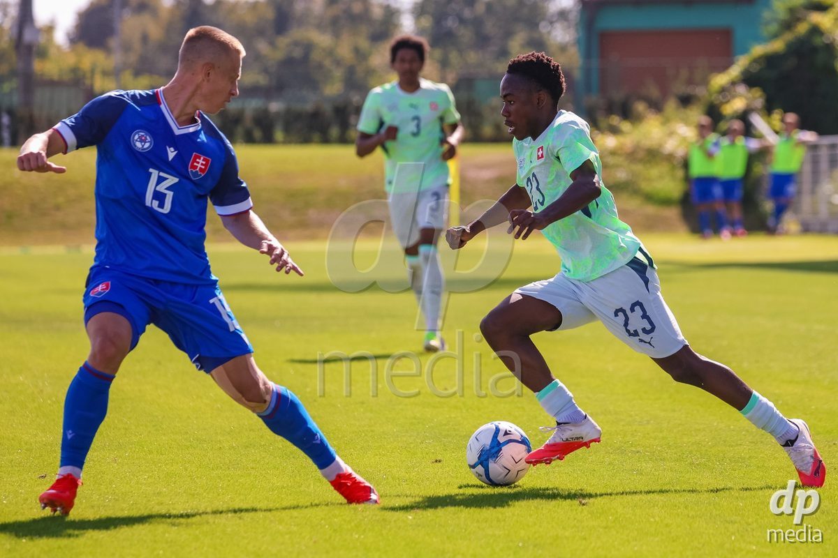 SENEC, SLOVAKIA - OCTOBER 1: Yannis Beaiah Jayden Odin 23 of Switzerland controls the ball during International Friendly football match between Slovakia U19 and Switzerland U19 at NTC Senec on October on 1st October 2026 in Senec, Slovakia.
