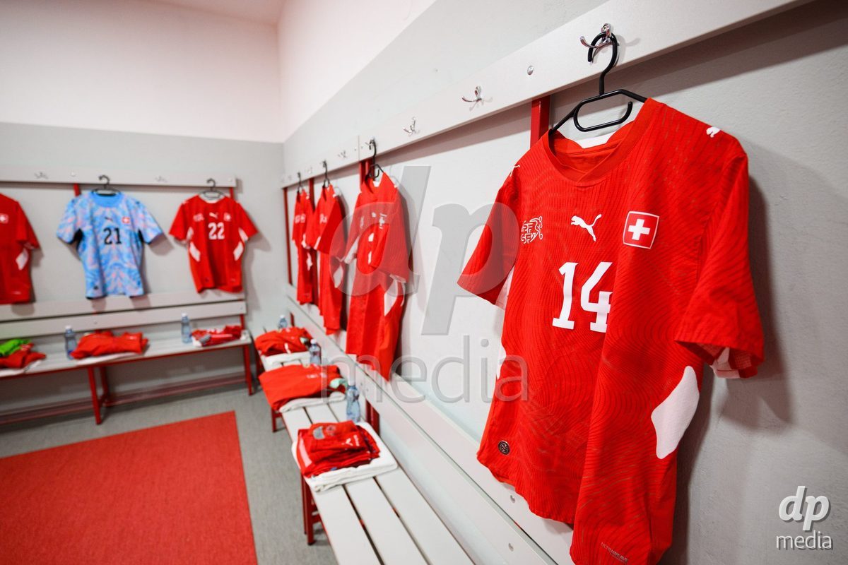 KOSMONSY, CZECH REPUBLIC - SEPTEMBER 30: Injured player's jersey Silvio Iuliano of Switzerland in dressing room before the International Friendly match between Switzerland U18 and Greece U18 on September 30, 2026 in Kosmonsy, Czech Republic.