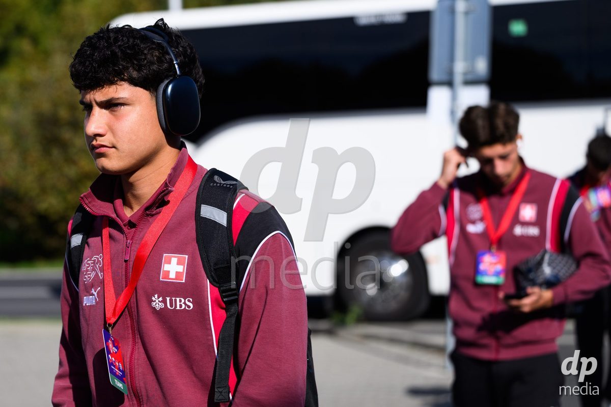 KOSMONSY, CZECH REPUBLIC - SEPTEMBER 30: David Pavic of Switzerland during the team's arrival at the stadium  before the International Friendly match between Switzerland U18 and Greece U18 on September 30, 2026 in Kosmonsy, Czech Republic.