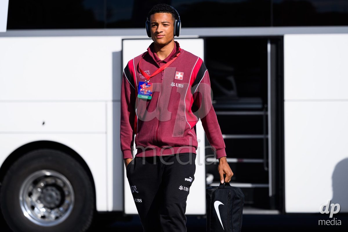 KOSMONSY, CZECH REPUBLIC - SEPTEMBER 30: Sven Strassmann of Switzerland during the team's arrival at the stadium  before the International Friendly match between Switzerland U18 and Greece U18 on September 30, 2026 in Kosmonsy, Czech Republic.