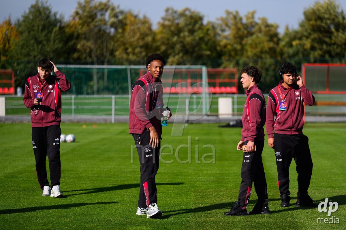 KOSMONSY, CZECH REPUBLIC - SEPTEMBER 30: Team's pitch inspection of the stadium before the International Friendly match between Switzerland U18 and Greece U18 on September 30, 2026 in Kosmonsy, Czech Republic.