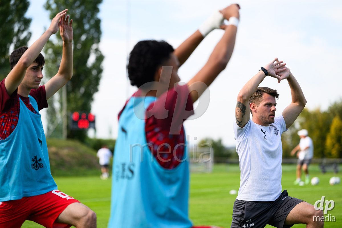 KOSMONSY, CZECH REPUBLIC - SEPTEMBER 30: Strength and conditioning coach Manuele Ferrini during warm up before the International Friendly match between Switzerland U18 and Greece U18 on September 30, 2026 in Kosmonsy, Czech Republic.
