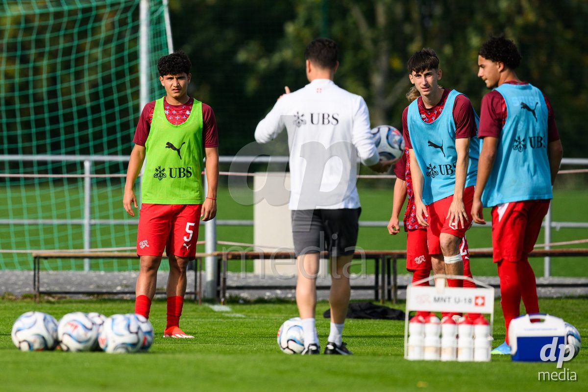 KOSMONSY, CZECH REPUBLIC - SEPTEMBER 30: David Pavic (left), and Aldin Smajic of Switzerland during warm up before the International Friendly match between Switzerland U18 and Greece U18 on September 30, 2026 in Kosmonsy, Czech Republic.