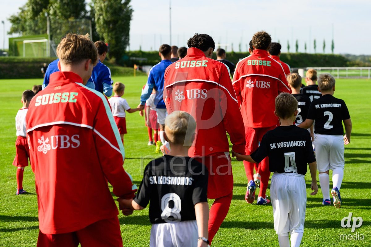 KOSMONSY, CZECH REPUBLIC - SEPTEMBER 30: Teams of Switzerland the field for the International Friendly match between Switzerland U18 and Greece U18 on September 30, 2026 in Kosmonsy, Czech Republic.