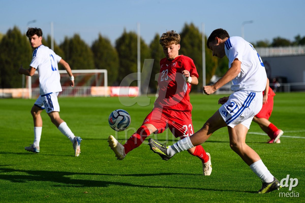 KOSMONSY, CZECH REPUBLIC - SEPTEMBER 30:Matthew Wood of Switzerland and Argyris Argyriou of Greece during the International Friendly match between Switzerland U18 and Greece U18 on September 30, 2026 in Kosmonsy, Czech Republic.