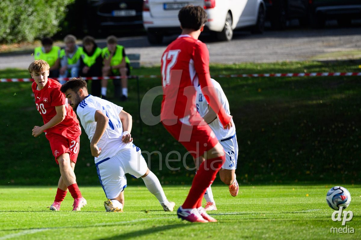 KOSMONSY, CZECH REPUBLIC - SEPTEMBER 30: Luc Gigon of Switzerland scores the goal to make it 1–0 during the International Friendly match between Switzerland U18 and Greece U18 on September 30, 2026 in Kosmonsy, Czech Republic.