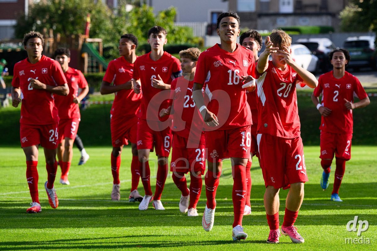 KOSMONSY, CZECH REPUBLIC - SEPTEMBER 30: Luc Gigon (no.20) and of Aaron Davis of Switzerland celebrate the goal to make it 1–0 during the International Friendly match between Switzerland U18 and Greece U18 on September 30, 2026 in Kosmonsy, Czech Republic.