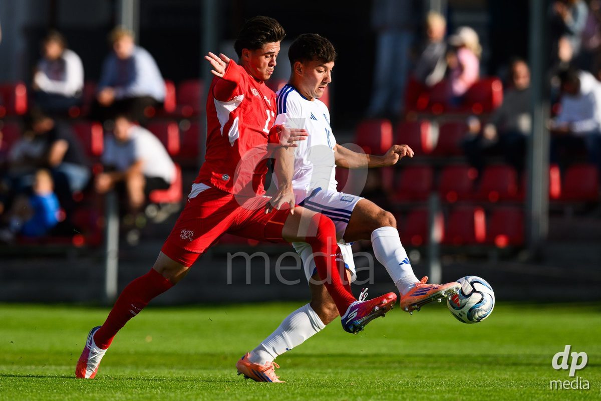 KOSMONSY, CZECH REPUBLIC - SEPTEMBER 30: Timo Wiesner of Switzerland and Athanasios Filippiadis of Greece during the International Friendly match between Switzerland U18 and Greece U18 on September 30, 2026 in Kosmonsy, Czech Republic.