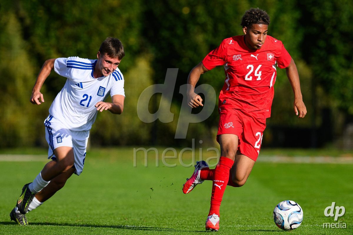 KOSMONSY, CZECH REPUBLIC - SEPTEMBER 30: Argyris Argyriou of Greece and Bascio Paolo of Switzerland during the International Friendly match between Switzerland U18 and Greece U18 on September 30, 2026 in Kosmonsy, Czech Republic.