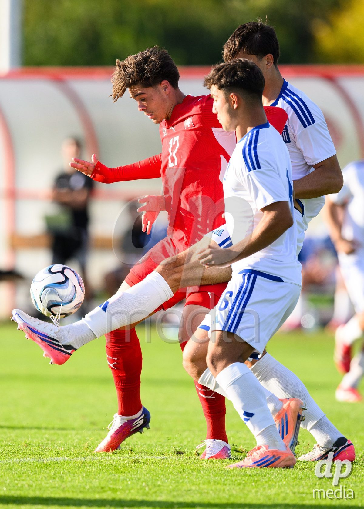 KOSMONSY, CZECH REPUBLIC - SEPTEMBER 30: Timo Wiesner of Switzerland and Andreas Poulopoulos of Greece during the International Friendly match between Switzerland U18 and Greece U18 on September 30, 2026 in Kosmonsy, Czech Republic.