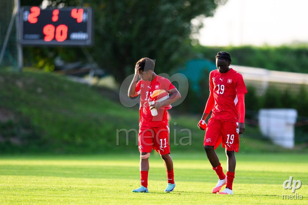 KOSMONSY, CZECH REPUBLIC - SEPTEMBER 30: Jean Doucoure (left) and IBright Ocran of Switzerland after the International Friendly match between Switzerland U18 and Greece U18 on September 30, 2026 in Kosmonsy, Czech Republic.