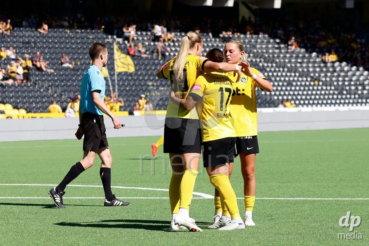 BERN, SWITZERLAND  - September 6: Goal 1-0 celebration of Maja Jelcic (99) of BSC Young Boys with Ramona Bachmann (17) of BSC Young Boys and Leonie Sophie Koester (44) of BSC Young Boys during the AXA Women's Super League match between BSC YB Frauen and FC Yverdon Women at Wankdorf Stadion on September 6, 2026 in Bern, Switzerland.