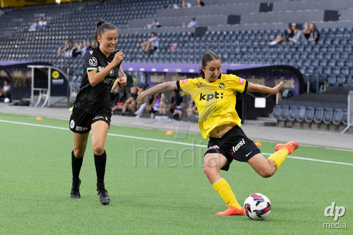 BERN, SWITZERLAND  - September 6: Malaurie Granges (13) of BSC Young Boys in duel with Chloe Marie Anne Le Franc (10) of Yverdon Sport Feminin during the AXA Women's Super League match between BSC YB Frauen and FC Yverdon Women at Wankdorf Stadion on September 6, 2026 in Bern, Switzerland.