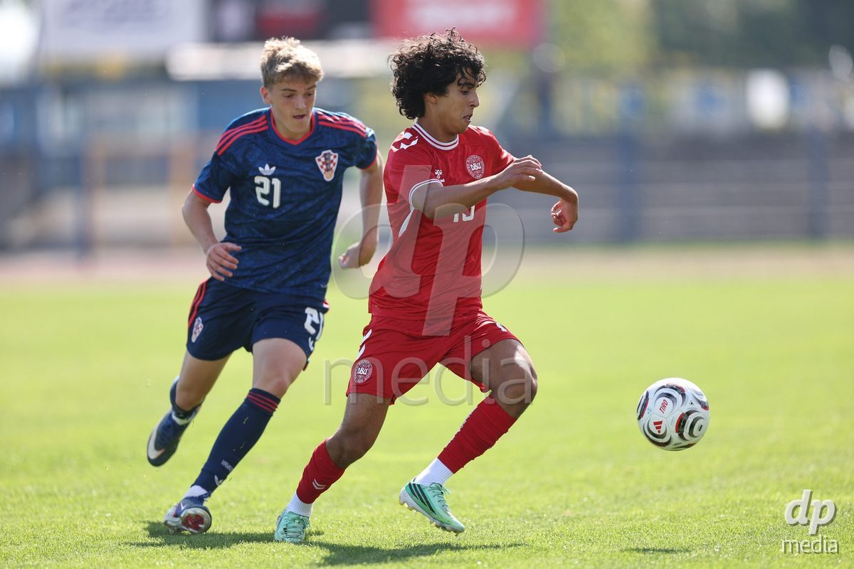 KARLOVAC, CROATIA - OCTOBER 2: Vito Jakovljevic of Croatia and Ishaq Holalam of Denmark competes for the ball during the International Friendly match between Denmark U18 and Croatia U18 at Branko Cavlovic-Cavlek Stadium on October 2, 2026 in Karlovac, Croatia. Photo: Slavko Midzor/Pixsell/DP Media