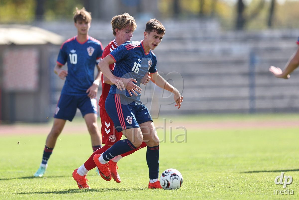 KARLOVAC, CROATIA - OCTOBER 2: Elias Frej Sahl Moller Jensen of Denmark and Marin Modric of Croatia competes for the ball during the International Friendly match between Denmark U18 and Croatia U18 at Branko Cavlovic-Cavlek Stadium on October 2, 2026 in Karlovac, Croatia. Photo: Slavko Midzor/Pixsell/DP Media