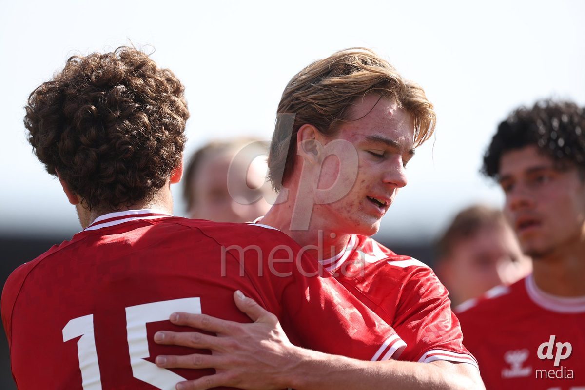 KARLOVAC, CROATIA - OCTOBER 2: Kerim Sejdic and Elias Frej Sahl Moller Jensen of Denmark celebrate after Kerim Sejdic scores a goal during the International Friendly match between Denmark U18 and Croatia U18 at Branko Cavlovic-Cavlek Stadium on October 2, 2026 in Karlovac, Croatia. Photo: Slavko Midzor/Pixsell/DP Media