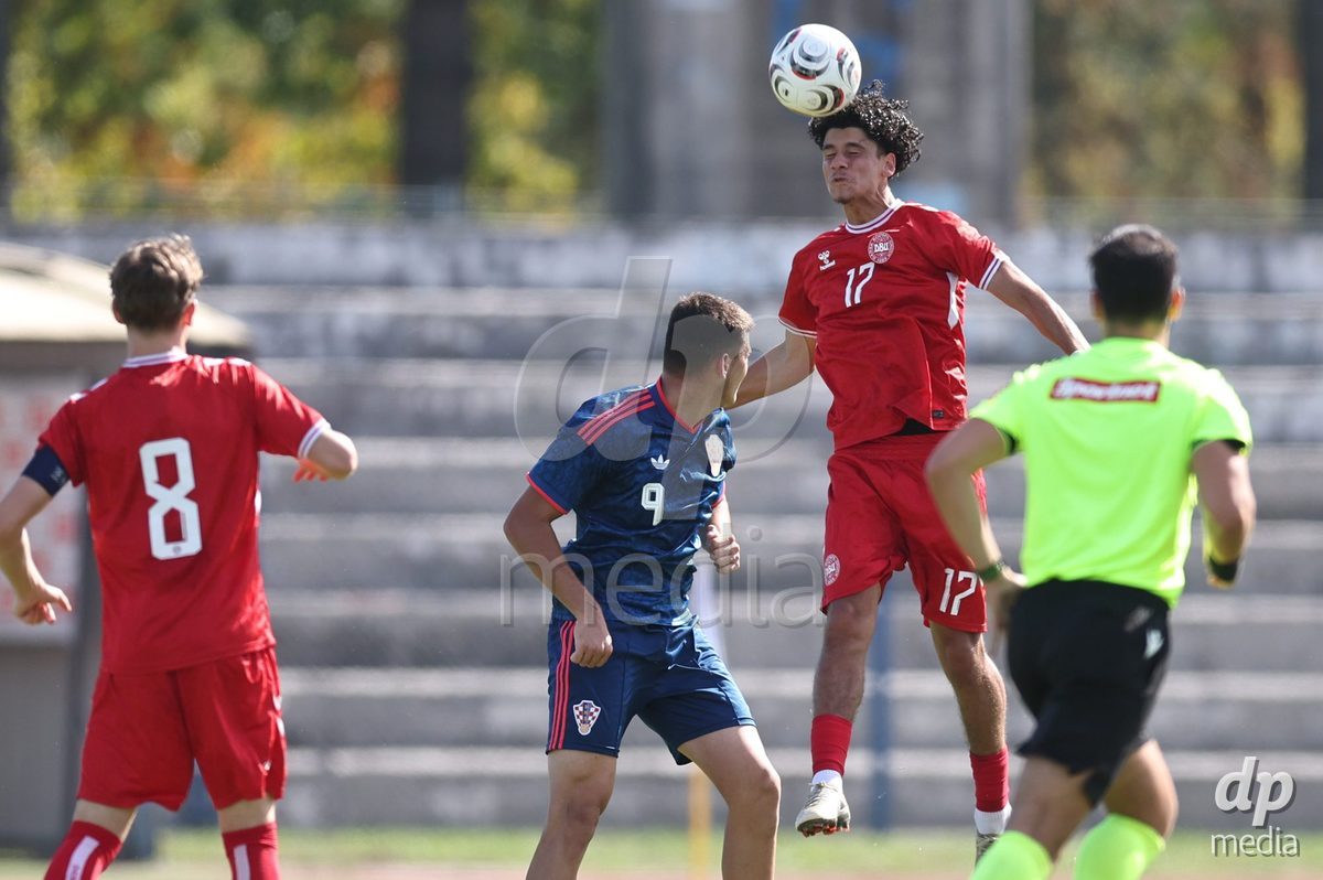 KARLOVAC, CROATIA - OCTOBER 2: Daryosh Popalzai of Denmark jumps for the ball during the International Friendly match between Denmark U18 and Croatia U18 at Branko Cavlovic-Cavlek Stadium on October 2, 2026 in Karlovac, Croatia. Photo: Slavko Midzor/Pixsell/DP Media