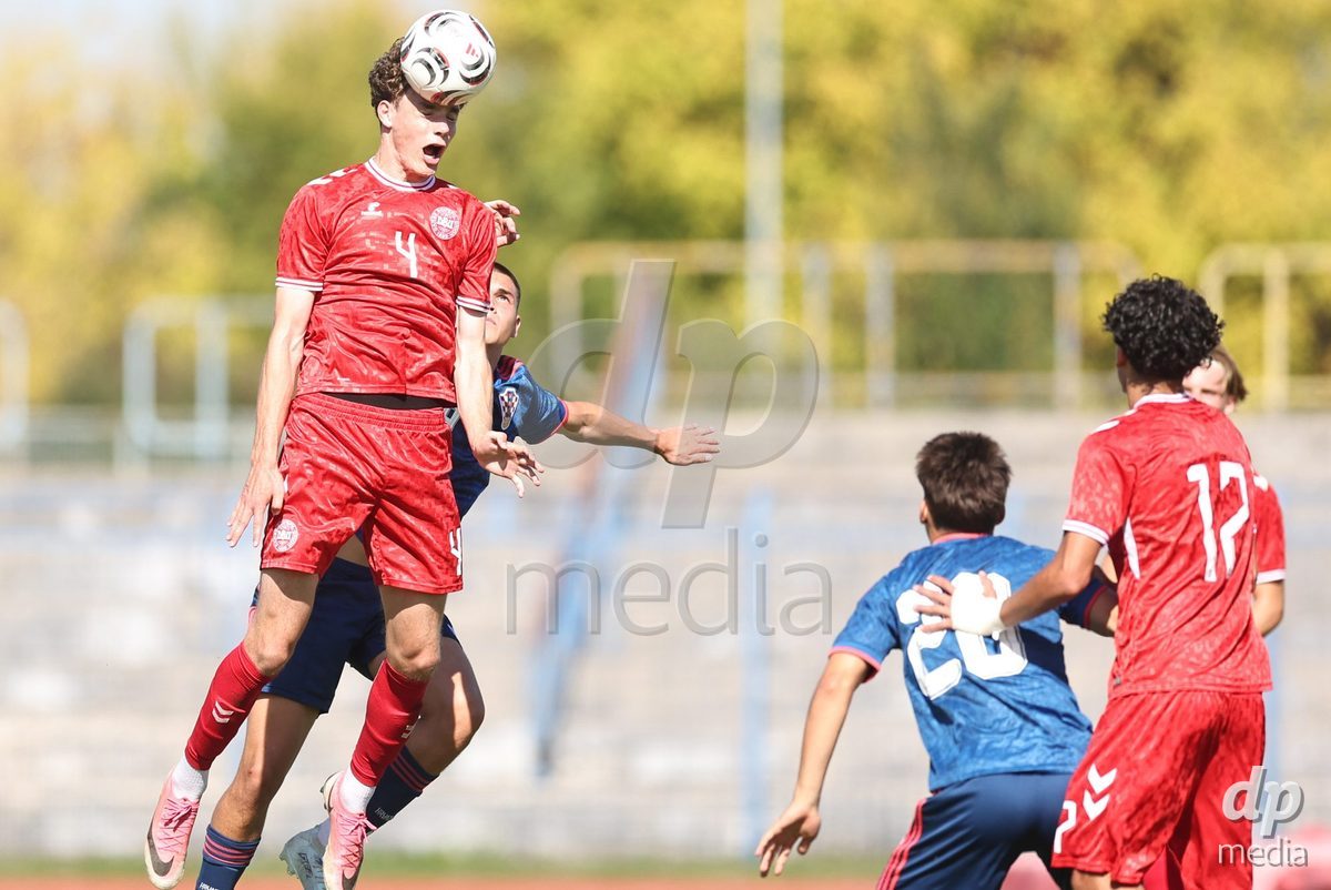 KARLOVAC, CROATIA - OCTOBER 2: Raphael Canut Pedersen of Denmark jumps for the ball during the International Friendly match between Denmark U18 and Croatia U18 at Branko Cavlovic-Cavlek Stadium on October 2, 2026 in Karlovac, Croatia. Photo: Slavko Midzor/Pixsell/DP Media