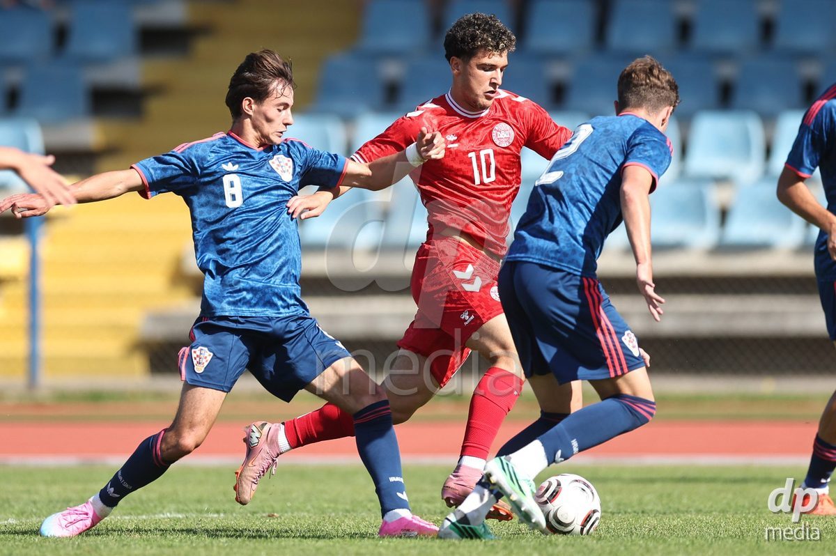 KARLOVAC, CROATIA - OCTOBER 2: Juraj Frigan of Croatia and Omran Khatar of Denmark competes for the ball during the International Friendly match between Denmark U18 and Croatia U18 at Branko Cavlovic-Cavlek Stadium on October 2, 2026 in Karlovac, Croatia. Photo: Slavko Midzor/Pixsell/DP Media