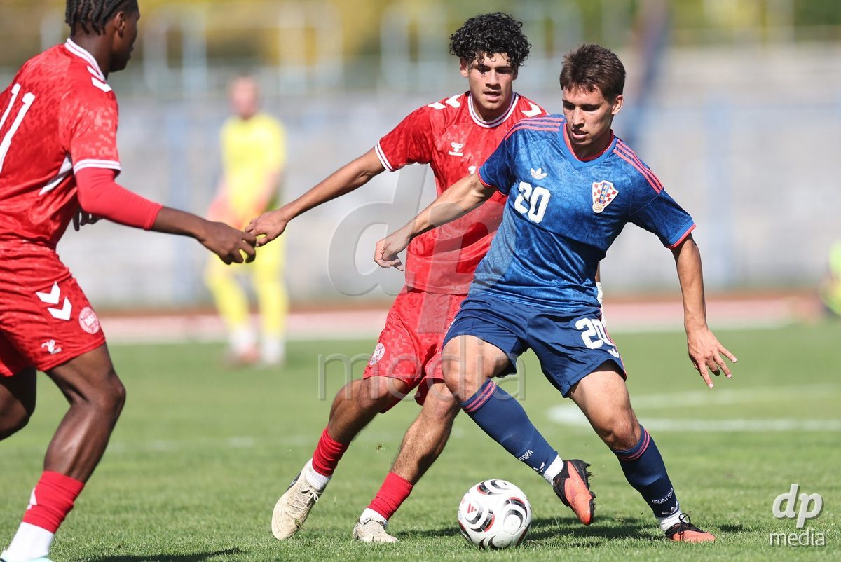 KARLOVAC, CROATIA - OCTOBER 2: Daryosh Popalzai of Denmark and Mihael Kelava of Croatia during the International Friendly match between Denmark U18 and Croatia U18 at Branko Cavlovic-Cavlek Stadium on October 2, 2026 in Karlovac, Croatia. Photo: Slavko Midzor/Pixsell/DP Media