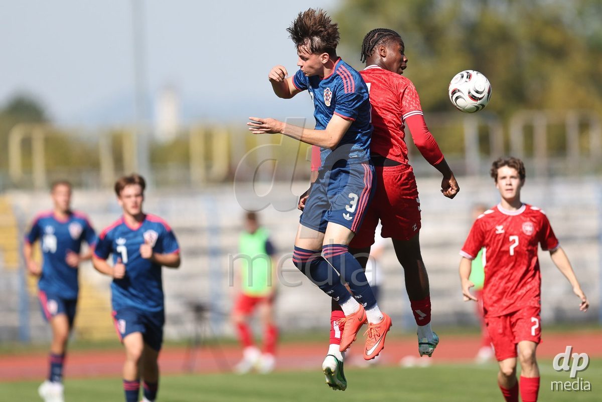 KARLOVAC, CROATIA - OCTOBER 2: Jakov Horvat of Croatia and Ekene Chukwuani of Denmark during the International Friendly match between Denmark U18 and Croatia U18 at Branko Cavlovic-Cavlek Stadium on October 2, 2026 in Karlovac, Croatia. Photo: Slavko Midzor/Pixsell/DP Media