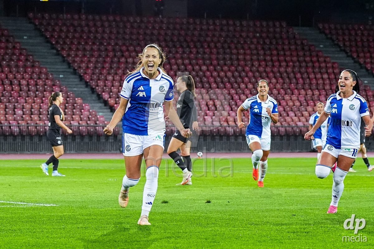 ZURICH, SWITZERLAND - OCTOBER 2: Marta Cazalla of Grasshopper Club Zurich after scoring her teams third goal during the AXA Women's Super League match between GC Frauenfussball and FC Zurich at Letzigrund on October 2, 2026 in Zurich, Switzerland.