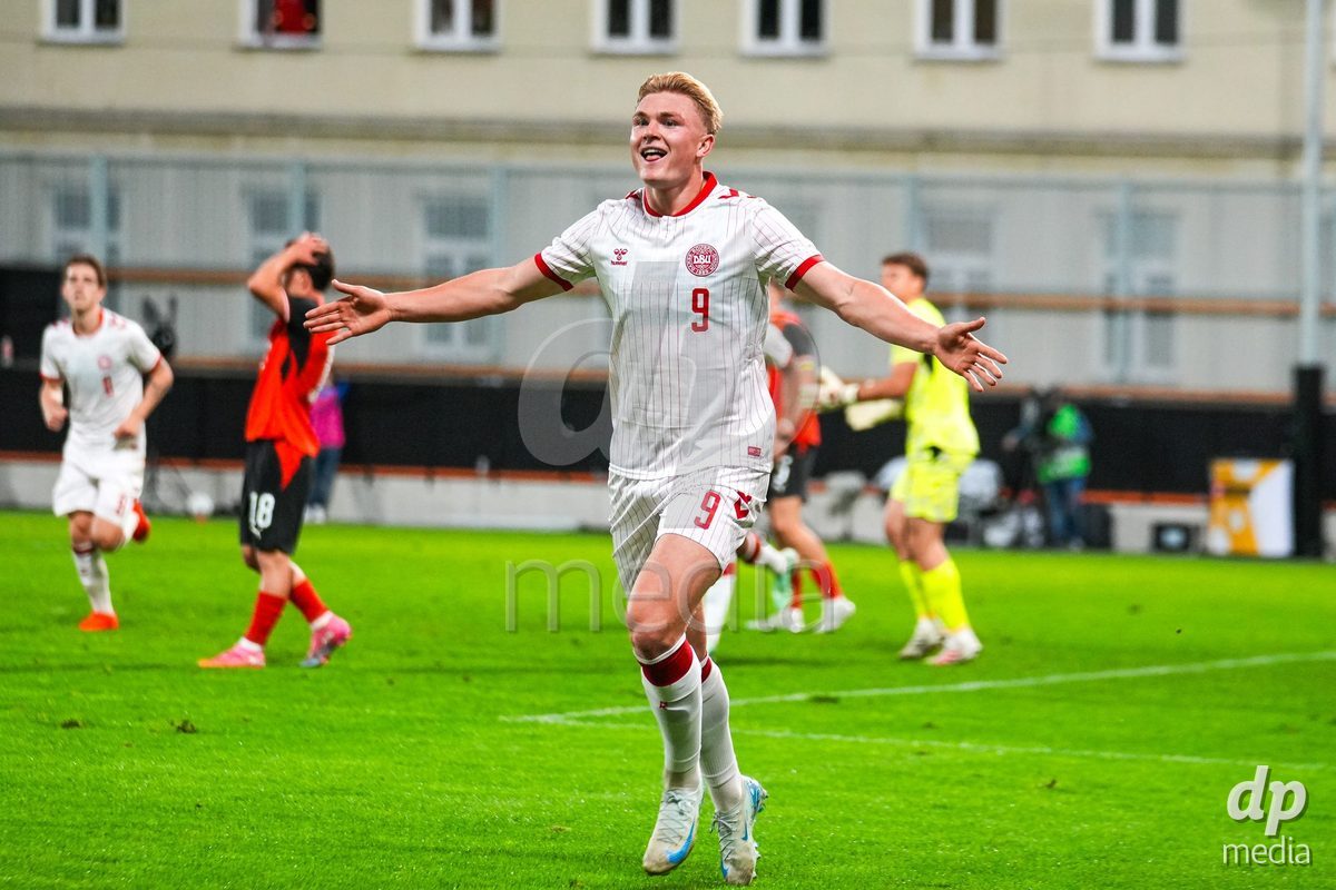 VIENNA, AUSTRIA - OCTOBER 2: Conrad Harder (Dänemark U21, 9) with the Goal - Goal celebration  during the UEFA European Qualifiers match between Austria U21 and Denmark U21 at Wiener Sport-Club Stadion on October 2, 2026 in Vienna, Austria.