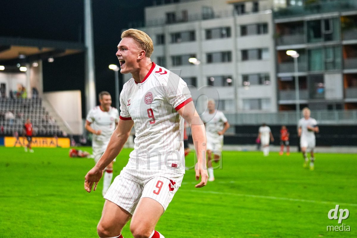 VIENNA, AUSTRIA - OCTOBER 2: Conrad Harder (Dänemark U21, 9) with the Goal - Goal celebration  during the UEFA European Qualifiers match between Austria U21 and Denmark U21 at Wiener Sport-Club Stadion on October 2, 2026 in Vienna, Austria.
