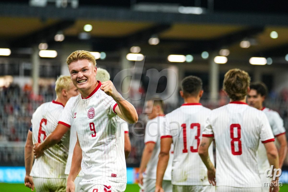 VIENNA, AUSTRIA - OCTOBER 2: Conrad Harder (Dänemark U21, 9) with the Goal - Goal celebration  during the UEFA European Qualifiers match between Austria U21 and Denmark U21 at Wiener Sport-Club Stadion on October 2, 2026 in Vienna, Austria.