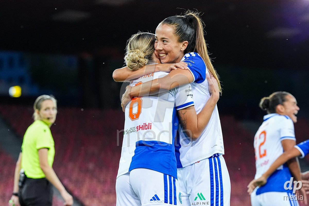 ZURICH, SWITZERLAND - OCTOBER 2: Ella Ljustina of Grasshopper Club Zurich (L) and Marta Cazalla of Grasshopper Club Zurich (R)celebrate after scoring her teams second goal during the AXA Women's Super League match between GC Frauenfussball and FC Zurich at Letzigrund on October 2, 2026 in Zurich, Switzerland.