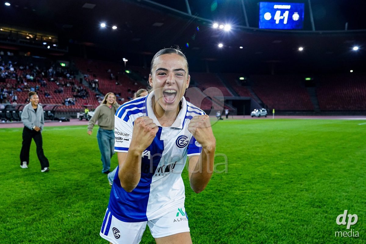 ZURICH, SWITZERLAND - OCTOBER 2: Emma Egli of Grasshopper Club Zurich celebrates their victory during the AXA Women's Super League match between GC Frauenfussball and FC Zurich at Letzigrund on October 2, 2026 in Zurich, Switzerland.