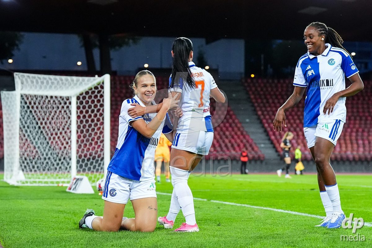 ZURICH, SWITZERLAND - OCTOBER 2: Ella Ljustina of Grasshopper Club Zurich celebrates with Qendresa Krasniqi of Grasshopper Club Zurich (R)after scoring her teams second goal during the AXA Women's Super League match between GC Frauenfussball and FC Zurich at Letzigrund on October 2, 2026 in Zurich, Switzerland.