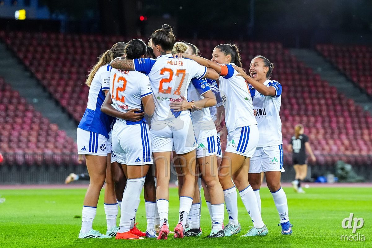 ZURICH, SWITZERLAND - OCTOBER 2: Kayla Mckenna of Grasshopper Club Zurich (L) celebrates with teammates after scoring her teams first goal during the AXA Women's Super League match between GC Frauenfussball and FC Zurich at Letzigrund on October 2, 2026 in Zurich, Switzerland.