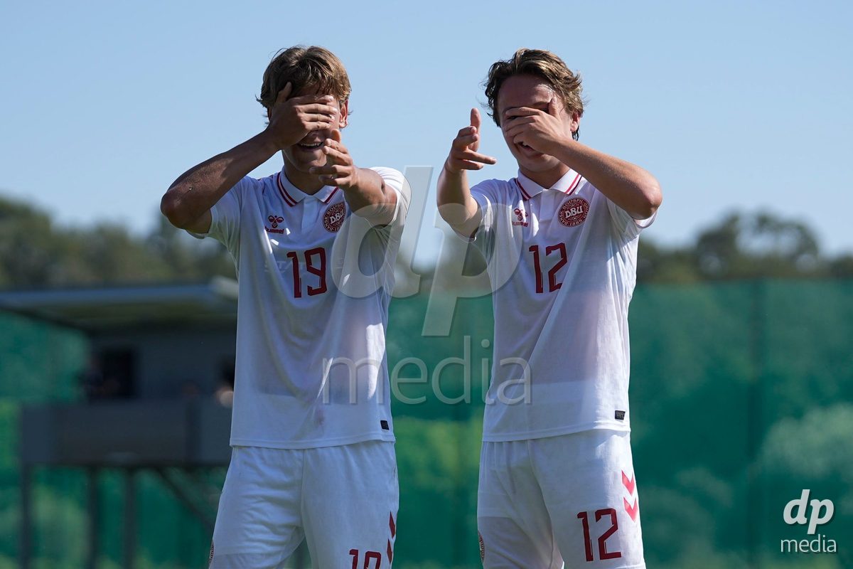 CANTAHEDE, PORTUGAL- OCTOBER 3: Felix Gothler of Denmark and Adam Roesen of Denmark celebrates a goal during the International Friendly match between Denmark U17 and Saudi Arabia U17 at Complexo Desportivo de Cantanhede on October 3, 2026 in Cantanhede, Portugal.