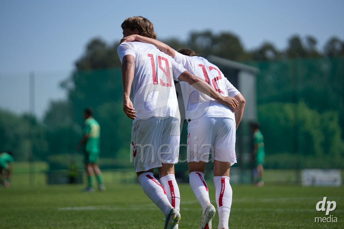 CANTAHEDE, PORTUGAL- OCTOBER 3: Felix Gothler of Denmark and Adam Roesen of Denmark celebrates a goal during the International Friendly match between Denmark U17 and Saudi Arabia U17 at Complexo Desportivo de Cantanhede on October 3, 2026 in Cantanhede, Portugal.