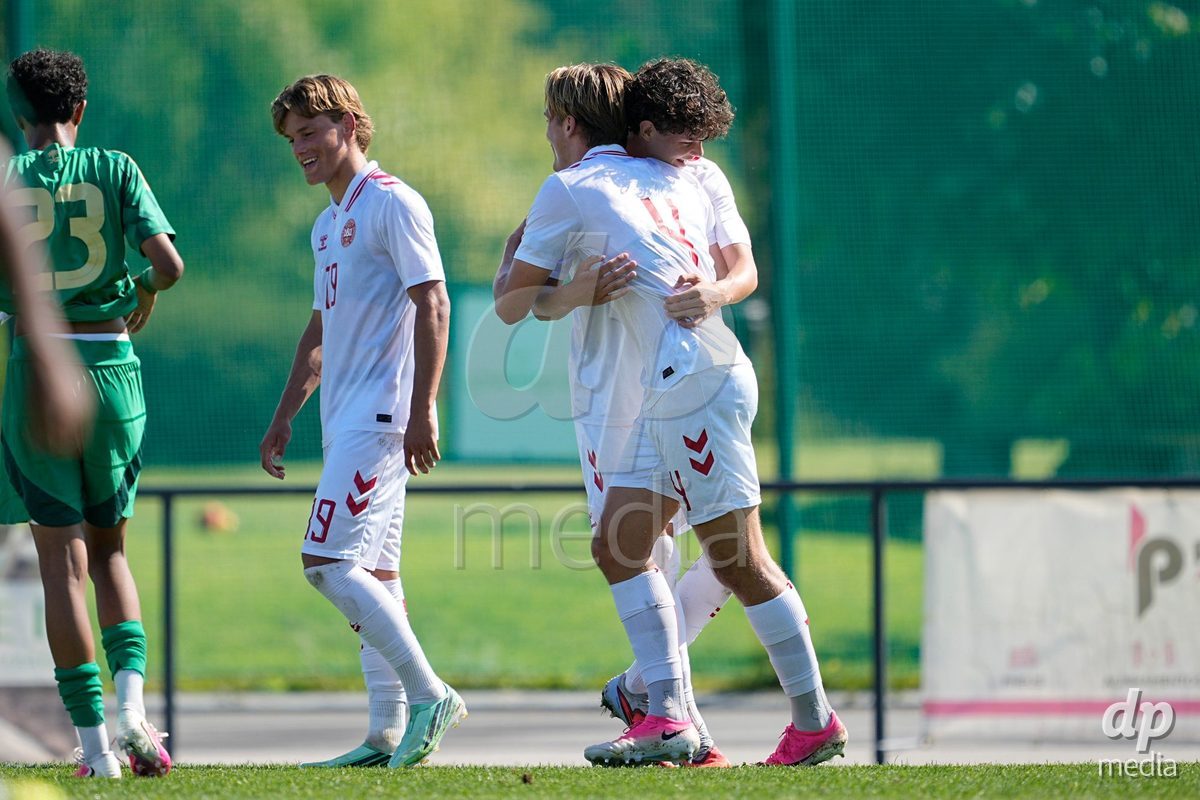 CANTAHEDE, PORTUGAL- OCTOBER 3: Marcus Ostergaard of Denmark celebrates with teammates during the International Friendly match between Denmark U17 and Saudi Arabia U17 at Complexo Desportivo de Cantanhede on October 3, 2026 in Cantanhede, Portugal.