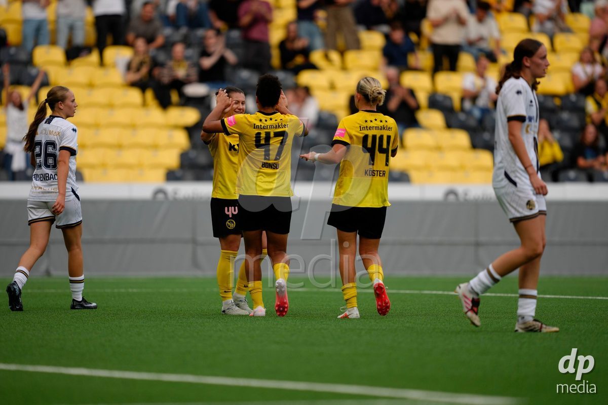 BERN, SWITZERLAND - OCTOBER 3: Josephine Afua Kyerewaa Bonsu (47 YB Frauen) celebrates her goal with Ramona Bachmann (17 YB Frauen) during the AXA Women's Super League match between BSC YB Frauen and FC Luzern at Wankdorf Stadion on October 3, 2026 in Bern, Switzerland.