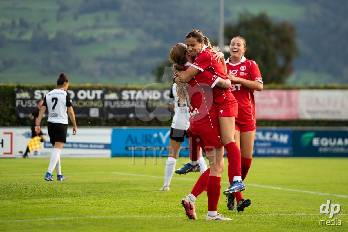 RAPPERSWIL, SWITZERLAND - OCTOBER 3: FC Rapperswil-Jona players celebrating goal during the AXA Women's Super League match between FC Rapperswil-Jona and FC Aarau Frauen at Grunfeld on October 3, 2026 in Rapperswil, Switzerland.