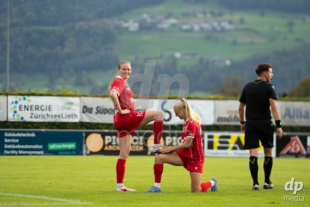 RAPPERSWIL, SWITZERLAND - OCTOBER 3: 17 Leyla Mcfarland of FC Rapperswil-Jona and 29 Sophie Alice Profé of FC Rapperswil-Jona celebrates scoring her team's second goal to make the score 2-0 during the AXA Women's Super League match between FC Rapperswil-Jona and FC Aarau Frauen at Grunfeld on October 3, 2026 in Rapperswil, Switzerland.