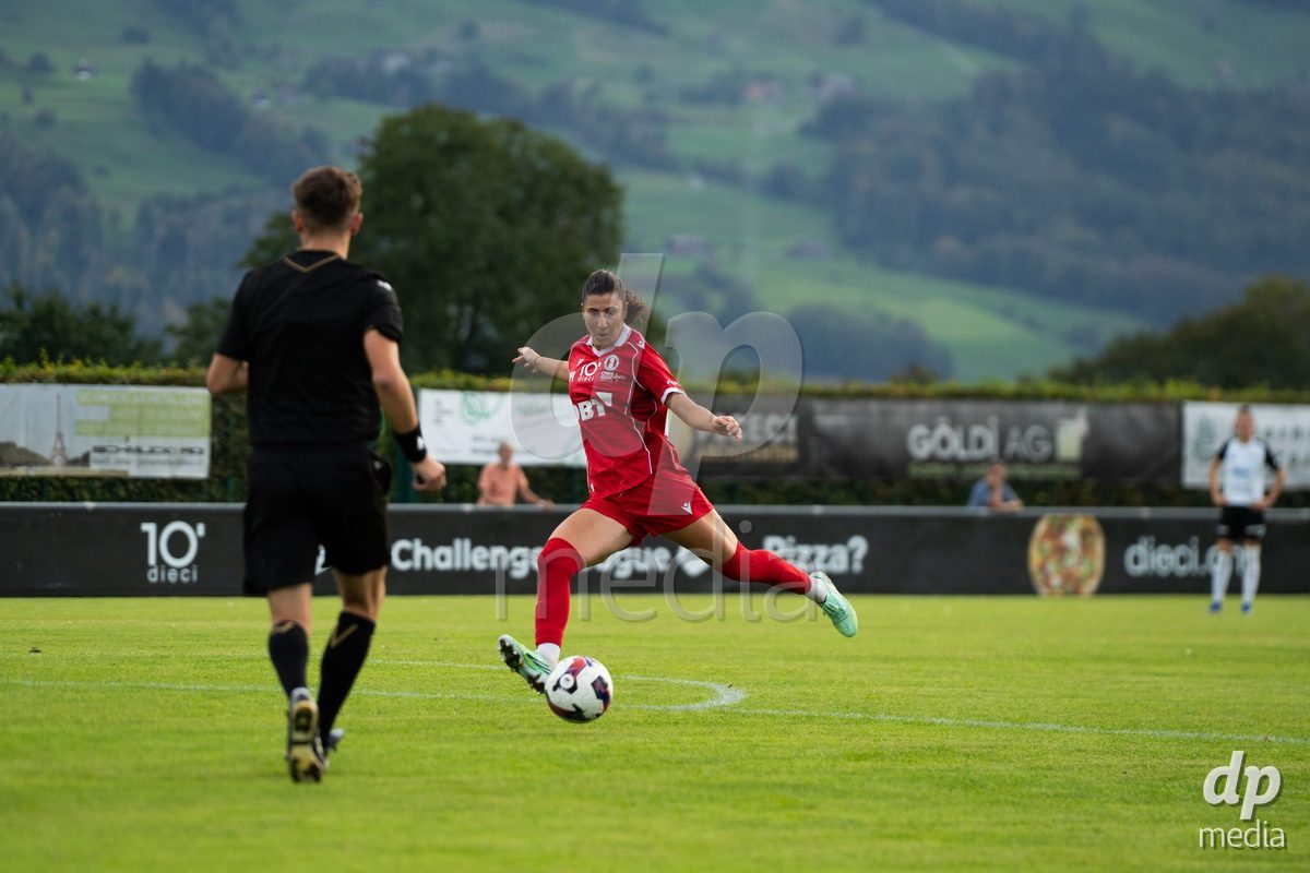 RAPPERSWIL, SWITZERLAND - OCTOBER 3: 23 Zdravka Petrova Parapunova of FC Rapperswil-Jona shoots on goal during the AXA Women's Super League match between FC Rapperswil-Jona and FC Aarau Frauen at Grunfeld on October 3, 2026 in Rapperswil, Switzerland.