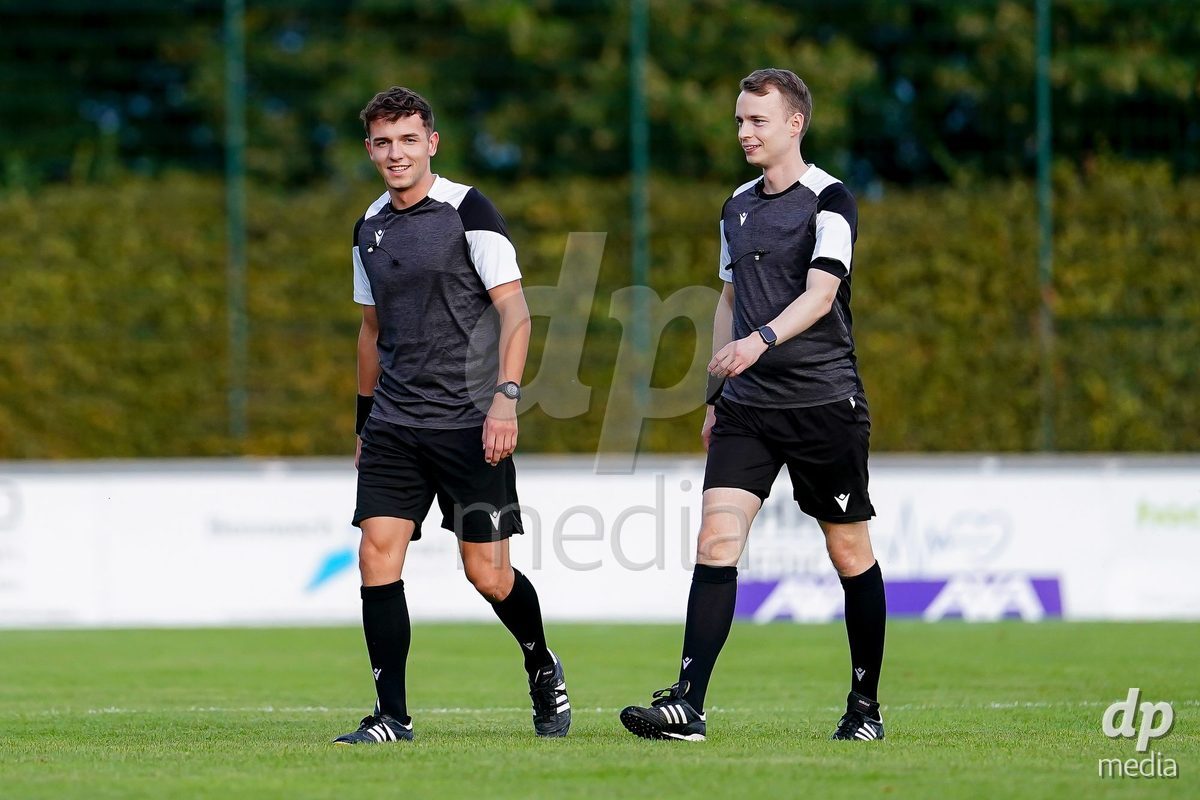 RAPPERSWIL, SWITZERLAND - OCTOBER 3: Referee Manuel Pfister (R) and Referee Nathan Liniger (L) prior to the AXA Women's Super League match between FC Rapperswil-Jona and FC Aarau Frauen at Grunfeld on October 3, 2026 in Rapperswil, Switzerland.