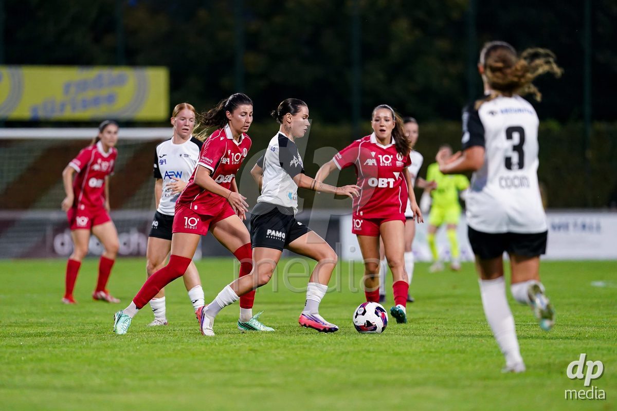 RAPPERSWIL, SWITZERLAND - OCTOBER 3: Vanesa Hoti of FC Aarau Frauen controls the ball during the AXA Women's Super League match between FC Rapperswil-Jona and FC Aarau Frauen at Grunfeld on October 3, 2026 in Rapperswil, Switzerland.