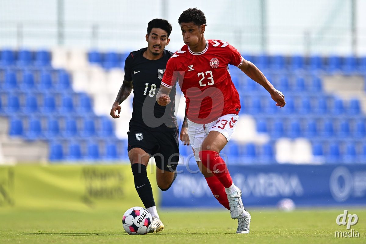 SAN PEDRO DEL PINATAR, SPAIN - OCTOBER 4: Julius Emefile of Denmark during the International Friendly match between Denmark U20 and USA U20 at Pinatar Arena on October 4, 2026 in San Pedro del Pinatar, Spain.