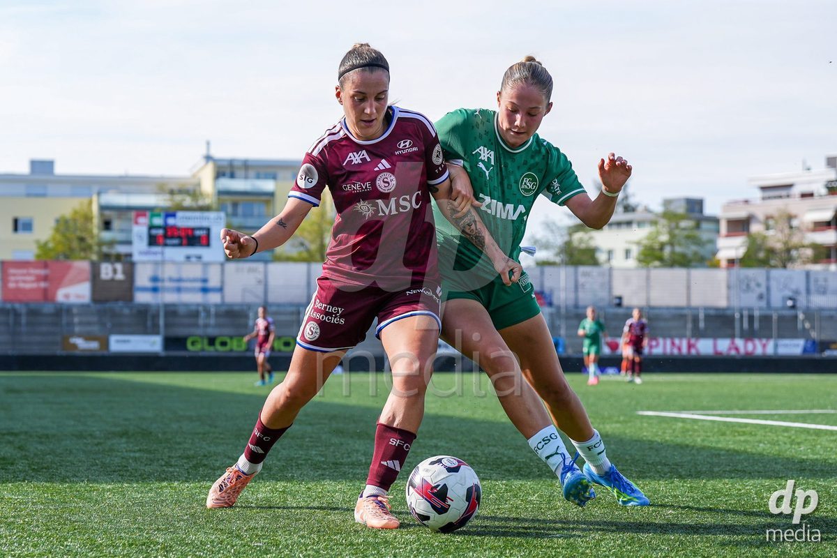 WIL, SWITZERLAND - OCTOBER 4: Gloria Marinelli of Servette FC Chenois Feminin (L) battles for the ball (duel)  during the AXA Women's Super League match between FC St. Gallen 1879 and Servette FC Chenois Feminin at Lidl Sportpark on October 4, 2026 in Wil, Switzerland.